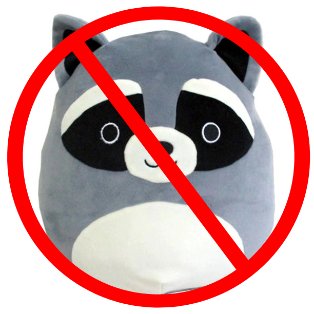 A photo of a raccoon squishmallow with a red "no" sign over it.