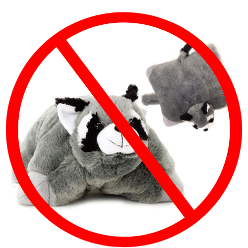 A photo of a raccoon pillow pet with a red "no" symbol over it