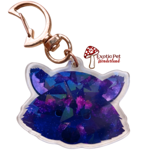 A photo of a purple holographic raccoon keychain with a moon shaped keyring